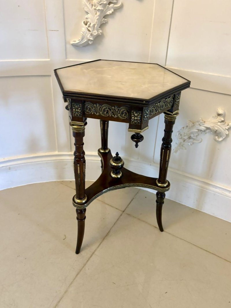 Antique Victorian French Quality Mahogany and Gilded Brass Marble Top Lamp Table